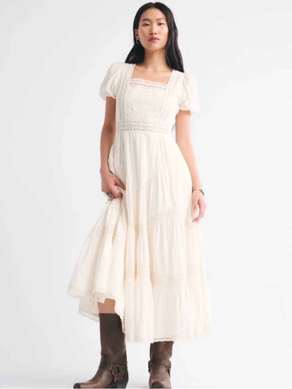 Abercrombie & Fitch Cream Puff Sleeve Lace Maxi Dress